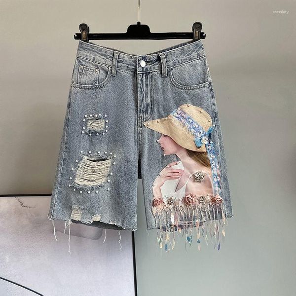 Frauen -Shorts künstlerische Graffiti Kurzjeans Frauen Ästhetik süße hohe Taille Perlenperlen Rande Ripped Loch Lose Mädchen Chic Paillette Hälfte