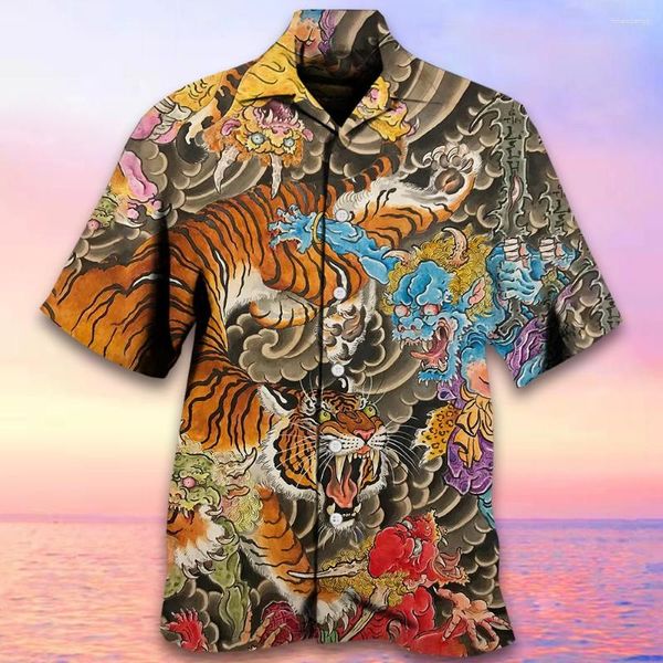 Camisa casual de camisa casual havaiana colarinho cubano de manga curta roupas masculinas feroz tigre estampa para homens moda cogra top tee de tamanho grande