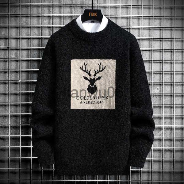 Camisolas masculinos 2023 Autumn suéteres vintage de grande tamanho masculino de malha masculino de veado impressão de impressão hip hop harajuku sweater de veludo acolchoado branco J230806