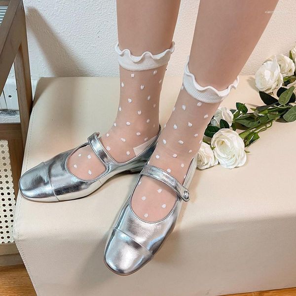 Donne calzini a pois seta cristallina estate ultra-sottile elastica trasparente elastica jk lolita dolci ragazze bowknot