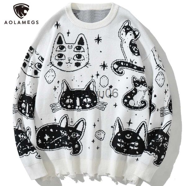 Erkek Sweaters Aolamegs Sweaters Erkek Japon Retro Sevimli Kedi Onda Jumpers Advanced College Style Moda Örgü Üstler Gevşek Sokak Giyim J230806