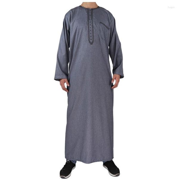 Abbigliamento etnico all'ingrosso thobe casual cotone ricamato arabo manica lunga rotonda abito arabo islamico Abaya jubbba uomini musulmani