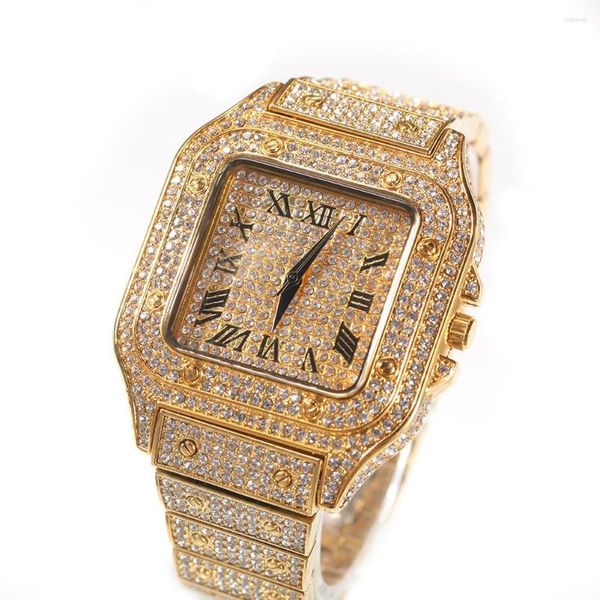 Relógios de pulso relógios para homens luxuosos hiphop iicado com rmocharel de ouro de quartzo de ouro