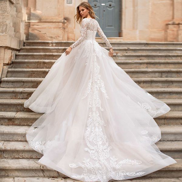 Bonito vestido de noiva formal com manga longa, elegante e elegante vestido de noiva para noiva para a noiva