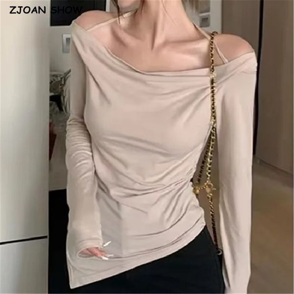 Maglietta da donna Sexy Halter Increspato Slash Off Spalla T-shirt a maniche lunghe Donna Orlo a fessura Increspato Side Slim Maglietta Asimmetrica Tee Canotte 230815