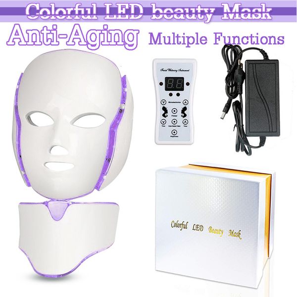 Massageador de rosto 7 cores máscara de LED leve com tratamento de face de pescoço tratamento beleza anti acne terapia face skin skin machine 230815