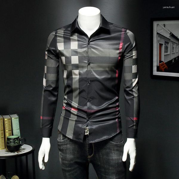 Herren Hoodies Plaid Black Frühlings- und Herbst-Modetrenddruck Langarmed Revers Button Business Shirt