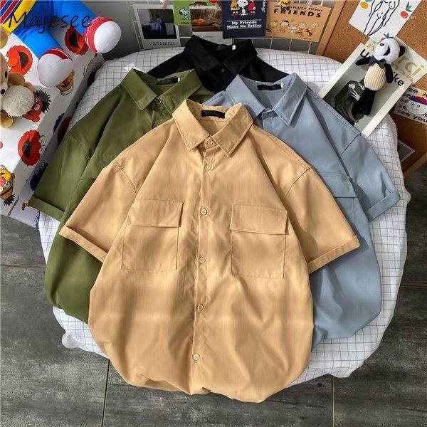 Camisas casuais masculinas Homens de carga simples Harajuku roupas japonesas unissex big-bockets vintage belos adolescentes preppy