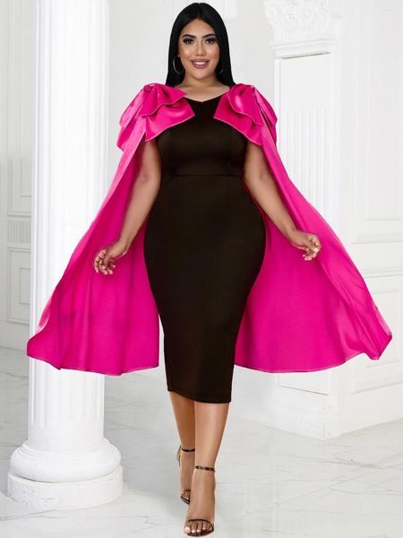 Artı Beden Elbiseler Partisi Kadınlar için Siyah Gül Patchwork Bowtie Cape Sleeve Bodycon Klas Akşam Midi Kıyafetleri 4xl