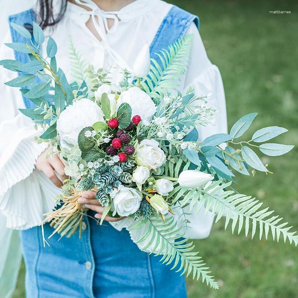 Flores de casamento sesthfar verde branco vermelho buquê de noiva europeu estilo country francês rosa peony bide floresta 2023