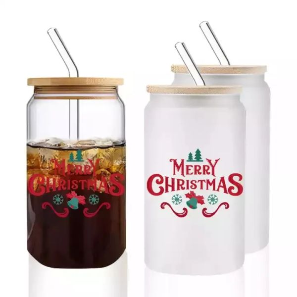 16oz Sublimation Glass Cola können Becher Bier Jar Soda Getränkestrohschale mit Bambusdeckel und Plastikstroh