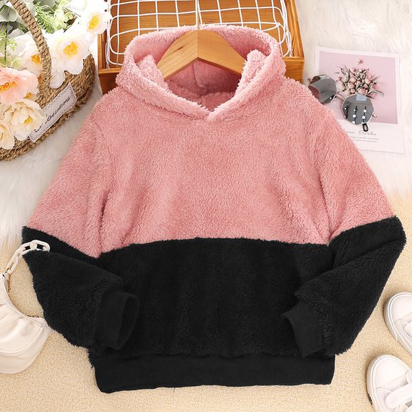 Hoodies Sweatshirts Kızlar İlkbahar ve Sonbahar Pembe Siyah Paneller Uzun Kollu Kapüşonlu Kazak Mercan Polar Hoodie Polyester Sıradan Stil Moda 230815