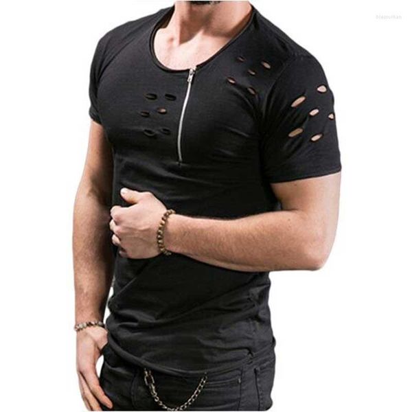 Herren-T-Shirts Hemd Schlanke Fit Muskel O-Neck Top Tee Fashion Summer Hole Casual Kurzarm T-Shirt Männer Kleidung