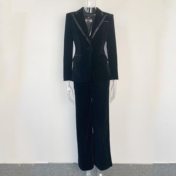 Trench feminina Casacos 2023 outono/inverno preto veludo emendado cinto embrulhado calça silhueta de duas peças para estilo de celebridade