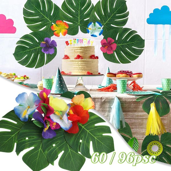 Sahte çiçek yeşillik 48 96pcs yapay tropikal palmiye bırak Hawaiian luau safari orman partisi dekorasyon yaz düğün doğum günü ev masa dekor 230815