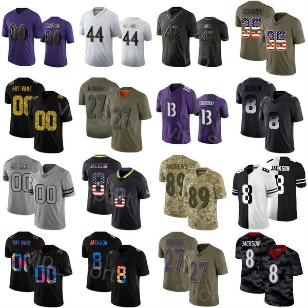 Mens Football 27 JK Dobbins Jerseys 35 Gus Edwards 43 Justice Hill 8 Lamar Jackson 7 Rashod Bateman 6 Patrick Queen 18 ROQUAN SMITH 44 Marlon Humphrey Custom Wuya