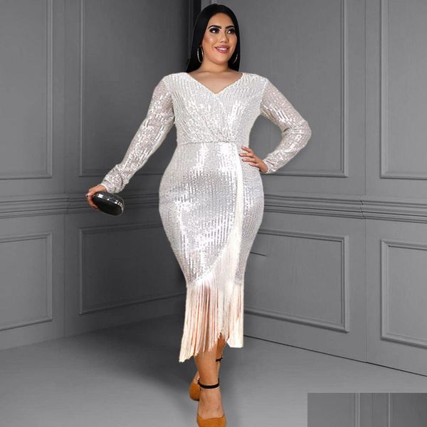 Plus -Size -Kleider Glitzer Party Sier Pailletten Langarmschlitzschlitz Quaste Kleider Bodycon Elegante Frauen Fringe Cocktail Event OCNS Outfits D Dh3sd