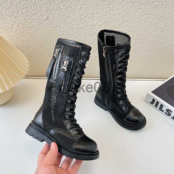 Boots Girls Sommerschuhe schwarz atembare Kinder im Großbritannien -Stil Mode High Stiefel 2023 Neue Kinder Casual Shoes Chic Reißverschluss Ausschnitt J230816