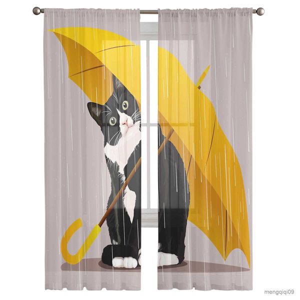 Cortina amarela guarda-chuva gato quarto cortina tratamento janela cortinas de tule para sala de estar cortinas transparentes