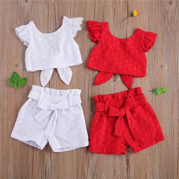 Set di abbigliamento Set di abbigliamento per bambini T-shirt e pantaloncini senza schienale con maniche volanti jacquard Abito a due pezzi per bambini per la festa di compleanno fotografica