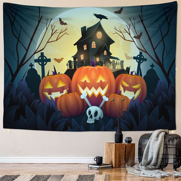 Wandteppiche 6 Größen Halloween Castle Scary Kürbis Bat Grab Skelett Witch gedruckt Wandteppich Home Wohnzimmer Schlafzimmer Wanddekoration 230816