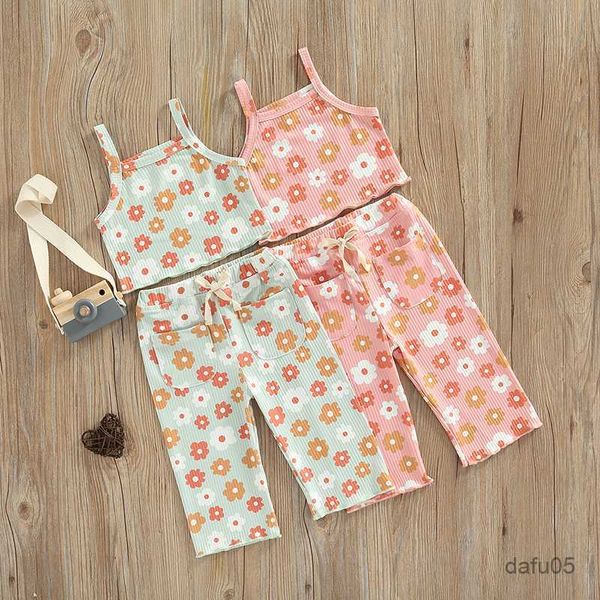 Kleidungsstücke schöne Kinder Sommer Kleidungsstücke Blumenmuster ärmellose Tanks Tops+elastische Taille Tasche Langes Hosen Freizeit R230816