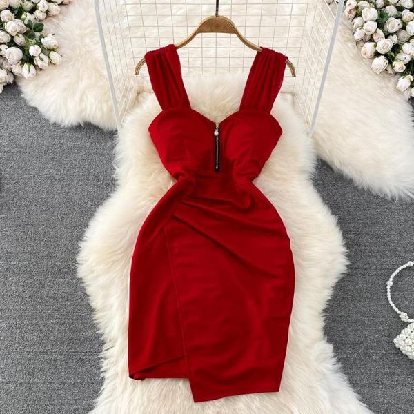 Vestidos casuais de verão Fashionha Slim Strap Dress Red Girls Suspender de mama baixo