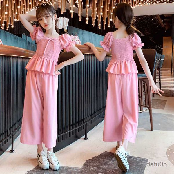 Clothing Sets New Summer Kids Girls Ruffles Tops and Wide-leg Jeans Pants Sets Girl Children's Clothes 2Pcs Teenage Baby Clothing R230816