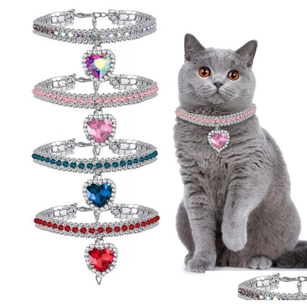 Collari di gatti Leads Diamond Pet Collar Crystal Crystal Love Heart Neckalce Luxry Animal Cuppy Kitten Charms Beautif Rhinestone Jew Dhhsj