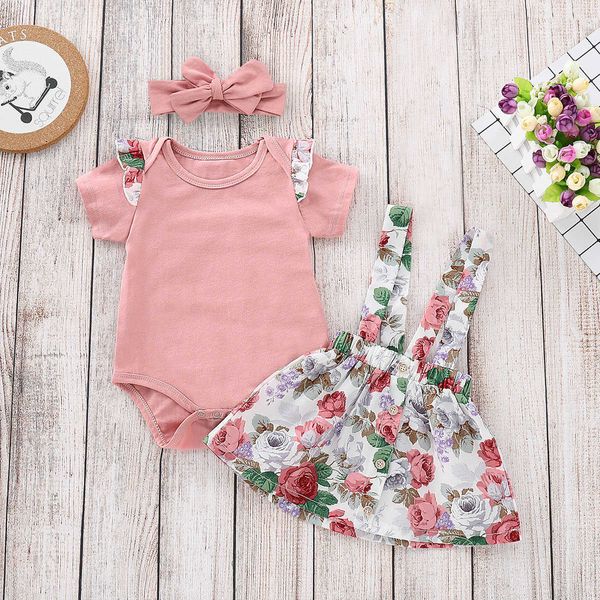 Kleidungssets Sommer Baby Mädchen Kleidung Set Rosa Rüschen Strampler + Blumen Overalls Kleid Stirnband Outfits 3PCS Baby Sommerkleidung