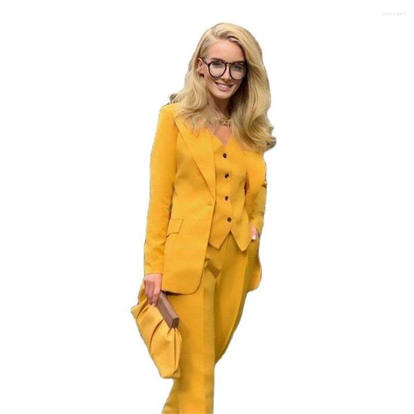 Calças de duas peças femininas Chegada amarela 3 peças Tuxedos formais femininos Slim Fit One Button Pico de lapela Lady Business Office Sets