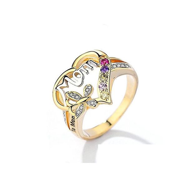 Mit Seitensteinen verkauft elegante goldengefüllte Mutter Ringfarbe Kristall Liebe Herz Muttertag Geschenke Drop Lieferung Schmuck Dhxh9