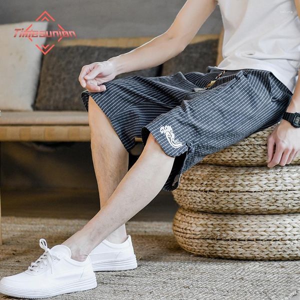Erkek pantolon yaz pamuk keten şort erkekler için Çin tarzı retro rahat elastik bel çekme çizgileri