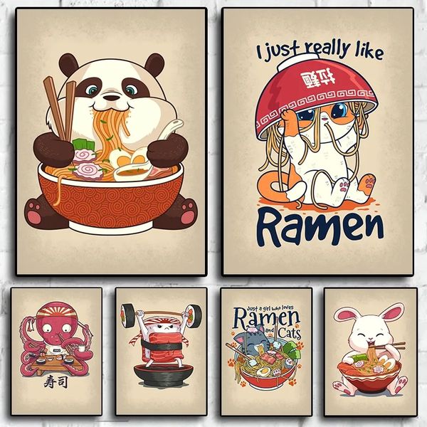 Retro Cute Animal Poster Estética Pop Ramen Sushi Panda Food Animel Painting Pintura Arte da parede Casa Kawaii Decoração sem moldura WO6