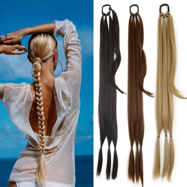 Шапки для париков DIY хвостовые наращивания Синтетические боксерские косы для волос для волос для женщин высокая температура клетчатка черное коричневое 230815