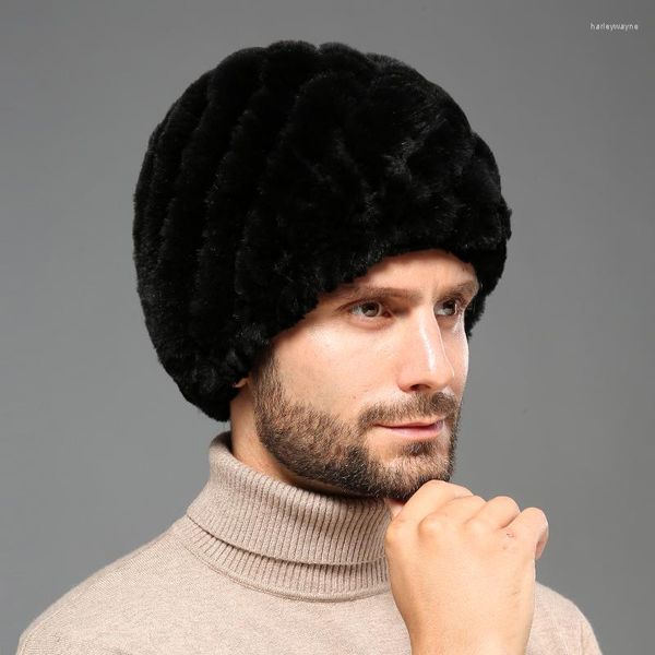 Berets Men Real Rex Fur Shat Winter теплый шапочка череп полос крышка головное убор