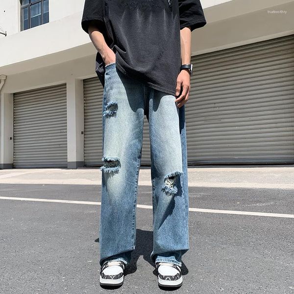 Jeans maschile estate slim fit per maschile streetwear designer coreano normale pantaloni in difficoltà di denim pantaloni hip hop buche b90