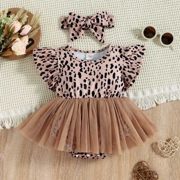 Conjuntos de roupas 2pcs bebê menina verão roupa leopardo impressão tule voando-manga macacão hairband para criança meses