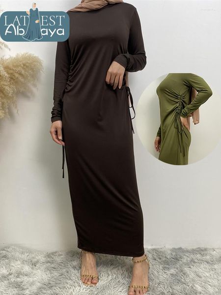 Roupas étnicas Vestidos longos para mulheres 2023 poliéster com cordas de ambos os lados Vestem Burkini Mullim Mull Kimono Robe Black Islâmico Abayas