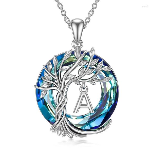Colares de pingentes de árvore da moda A-z Letra inicial Circular azul Nome do cristal Charm Colar para mulheres Presentes de jóias do Dia da Mãe DZ807