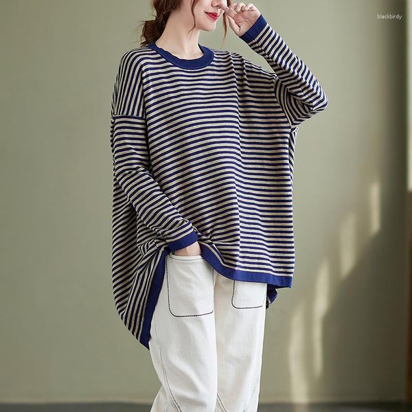 Camicie da donna 2023 Arrivo Spring Autumn Arts Style Women Casual Sleeve Long Time Time T-shirt a righe a strisce interamente abbinate V633