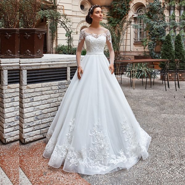 Apliques de tamanho grande vestidos de noiva de organza com longa ilusão de luva de renda vestido de noiva de pescoço de pescoço para noiva