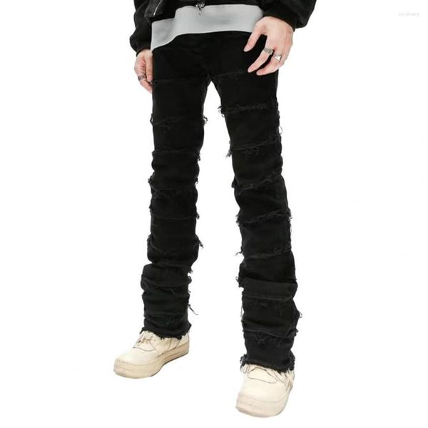 Herren Jeans Burr Edge Schwarze Männer Reißverschluss Knopf Hip Hop Streetwear Slim Fit Ripped Jeanshose mit soliden