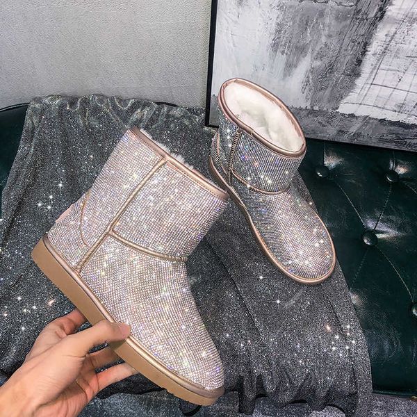 Botas Bling Crystal Boots Snow Women Silver Glitter Biço BOOTIES DE WINTER TORLIES PLUSH BOTAS BOTAS MUJER Big Size 34-43 NS69