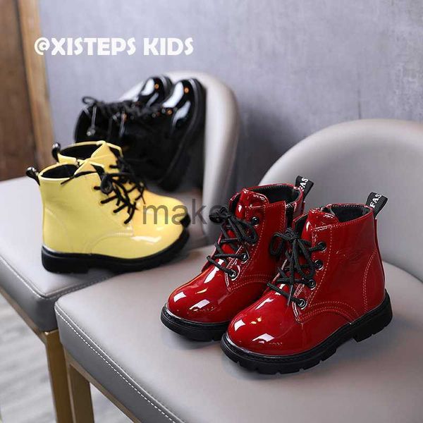 Botas de couro com patente Botas de tornozelo para crianças meninos meninos 2023 Autumn Winter NONSLIP CRIANÇA SONOS DE MENINOS MENHINOS BOTAS DE MODAIS BLAT BLAT RED J230816