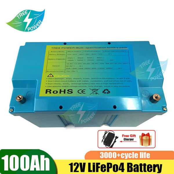 Solar LifePO4 Bateria 12V 100AH ​​para RV Golf Cart Long Life Storage Lithium Battery+ 10A Carregador