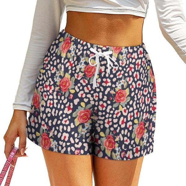 Frauen Shorts Blumen -Leopardenflecken hoher Taille Vintage Roses Design Taschen Frühling niedlich übergroß