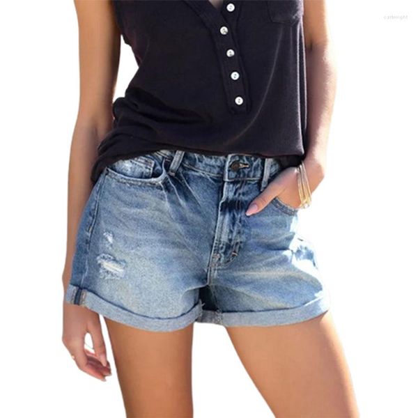 Damen -Shorts Mode Mode Mid Taille Button Spleißen gebrochene Löcher Denim Frauen lässig Stretch drei Viertelhosen Frauen gerade Mini -Jeans