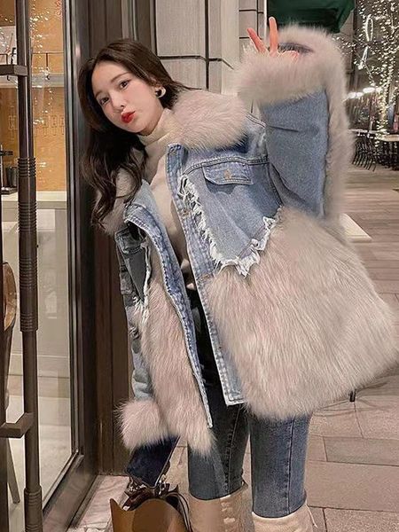 Frauenfell Frauen Winter -Denimjacke übergroß in Übergröße großer Patchwork Faux Coat Leder Haut dicker warmer Bomber Jean