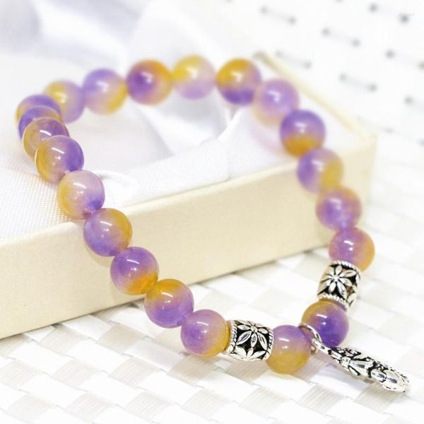 Strand Natural Stone 8mm rotondi perline braccialetti multicolore giallo viola jades calcedonico gioielli di alta qualità 7.5 pollici b2000